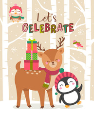 Cute animals cartoon illustration for christmas and new year card celebration.