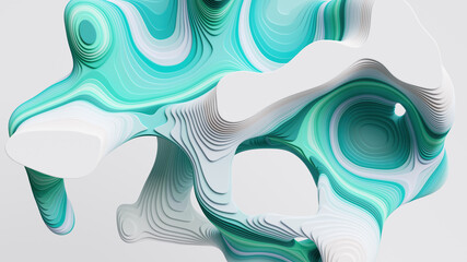 3d render, abstract white green blue background with flat curvy shapes and wavy lines, marbling effect