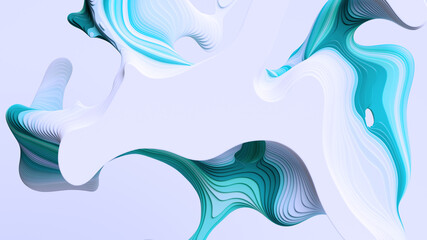 3d render, abstract volumetric white blue background with flat curvy shapes and wavy lines, marbling effect
