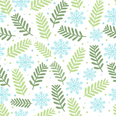 Seamless pattern with Christmas fir cones, needles and snowflakes. Repeating background with coniferous branch. Vintage winter texture with conifer twigs. Hand-drawn vector illustration for printing