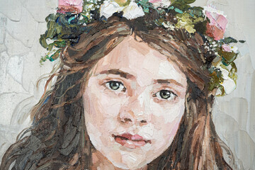 Portrait of a young girl with a wreath of flowers in her hair, oil painting on canvas.