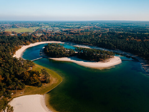 Aerial drone view of the island at the Henschotermeer
 Utrecht the Netherlands. 