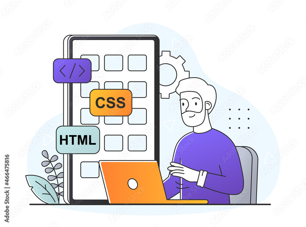 Poster hybrid mobile app concept. man sitting at laptop and developing program using various systems. inter