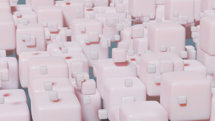 Abstract background with pink colored cubes, closeup. 3d render. Plastic material, delicate shades, large and small sizes