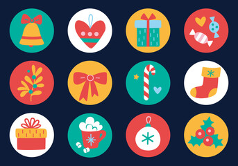 Christmas and New Year icons. Set of round stickers, tags or labels with cute hand drawn elements. Symbols of winter holidays,  decoration, plants, gifts, bell, candy, heart, sock. Vector illustration