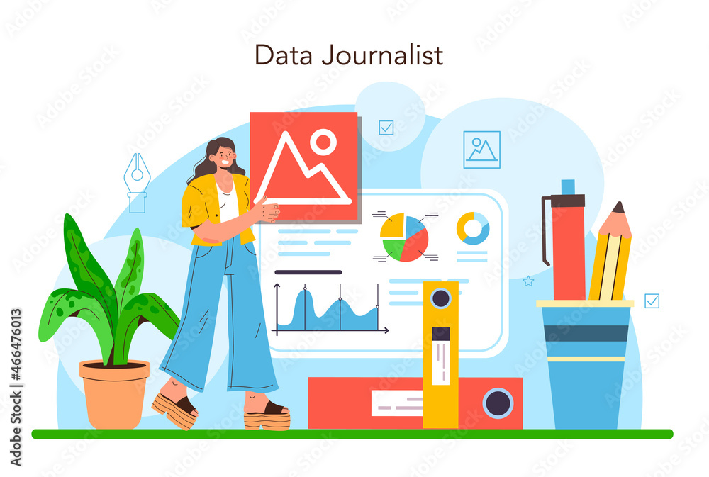 Poster data journalism or data-driven journalism concept. big data filtering