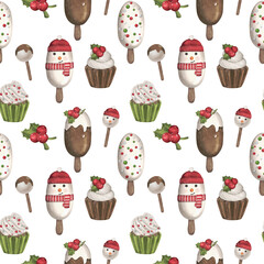 Christmas and new year watercolor seamless pattern 