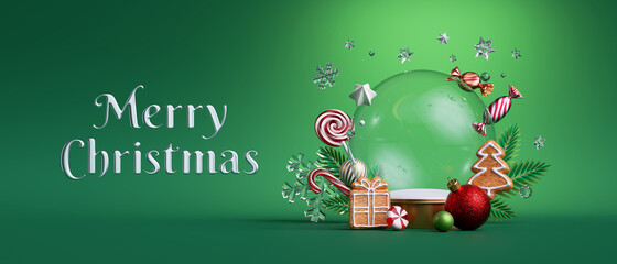 3d render. Christmas green background with empty glass ball mockup, decorated with festive ornaments. Winter holiday card with greeting text. Horizontal New Year wallpaper