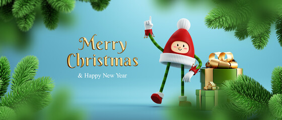 3d render, Merry Christmas greeting card with cute cartoon character elf and gift boxes, green spruce twigs, blue background. Festive golden text