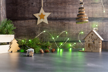 Christmas and zero waste, eco christmas holiday concept, eco decor with wood