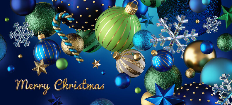 3d render, Merry Christmas greeting card with golden script text and assorted glass balls and ornaments, isolated on blue background. Horizontal festive banner