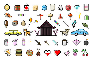 Collection of Japanese pixelated icons for creating games.