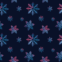 Snowflakes with a watercolor texture. Celebratory blue background can be used for graphic designs Christmas, invitations and greeting cards, photo frames, posters, winter holidays. Seamless pattern.