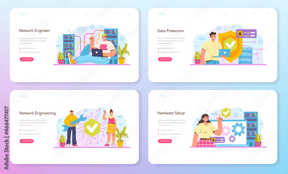 Aufkleber network engineer web banner or landing page set. specialist setting up