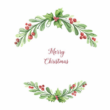 Watercolor vector Christmas wreath with green branches and red berries.