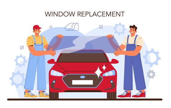 Car repair service. Automobile window instalation in car workshop