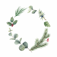 Watercolor vector Christmas wreath with fir branches and eucalyptus.