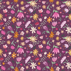 Lilac floral seamless summer pattern. Naive style. Square background. Vector illustration. Used for packaging, printing on fabric, paper, wallpaper, etc.