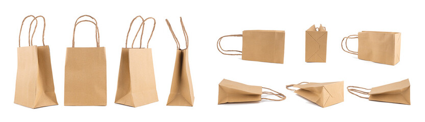 foldable brown paper bag with handle isolated