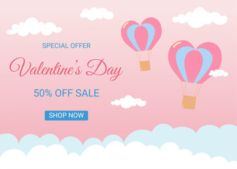 Special offer Valentine's Day horizontal banner template. Air balloons in heart shape flying in the sky. Pink background with white and blue clouds. 