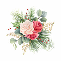 Watercolor vector Christmas bouquet with fir branches, roses and eucalyptus.
