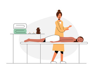 Massage therapists give spa massages. Patients lie on a couch, enjoying a relaxing body treatment. Flat vector illustration.