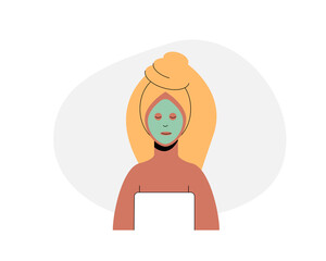 girl after a spa treatment with a towel on her head and a clay mask on her face. Flat vector illustration.