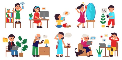 Characters using gadgets. Cartoon kids, use computer and digital devices. Boy with smartphone, social media addiction. Work from home decent vector set