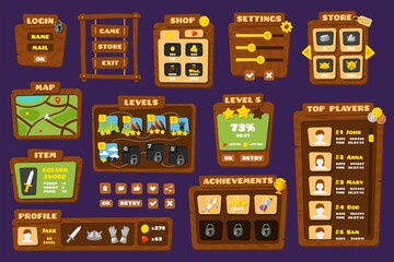 Ui game buttons. Gaming kit panels and buttons, games app elements. Mobile play store interface, welcome screen and user avatars recent vector set © MicroOne
