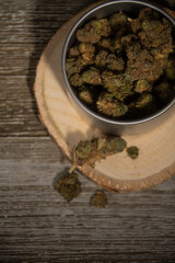 Recreational cannabis in a kitchen setting with a rustic inviting atmosphere. 