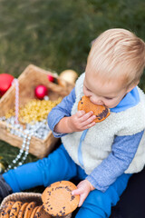 Cute toddler eating Christmas cookies with milk in decorated backyard close-up and copy space...