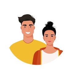Beautiful couple, young woman and man, portraits. Vector illustration in flat style.
