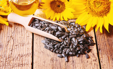 Sunflower seeds and oil bottle on old wooden background. Selective focus.