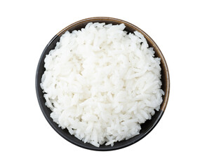 bowl of cooked rice isolated on white background, top view with clipping path.