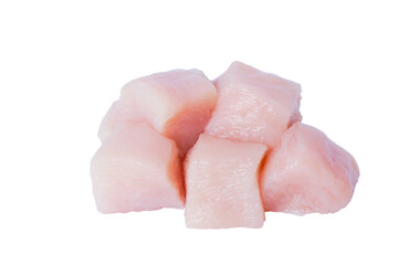 Raw chicken fillet chunks isolated on white background with clipping path