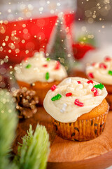 Cupcakes decorated with sprinkles in the form of a Christmas tree. Festive sweet treats, Christmas dessert