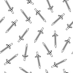 Sword pattern seamless. Swords doodle seamless pattern background.mystic occult. Ancient battle backdrop. Sword silhouettes. Antique backdrop. scandinavian  background.Simple doodle style on white.