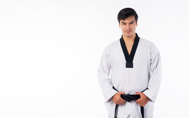 Confidence athlete strong young man wear uniform taekwondo holding black belt in own hand while standing over isolated white background. Activity power tradition Korean concept.