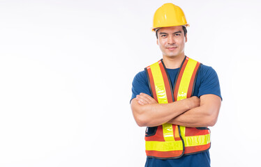 Maintenance workman occupation concept. Handsome confident smile craftsman wear yellow helmet hard...