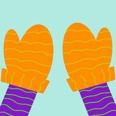 mittens on the hands.  palms in winter in fur mittens