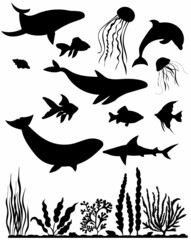 black silhouette in the sea swimming fish, vector
