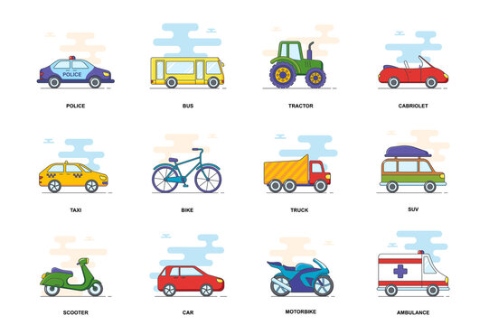 Vehicle concept stroke flat line icons isolated set. Different transportation bundle. Graphic linear symbols collection for website design. Vector conceptual pack outline pictograms for mobile app