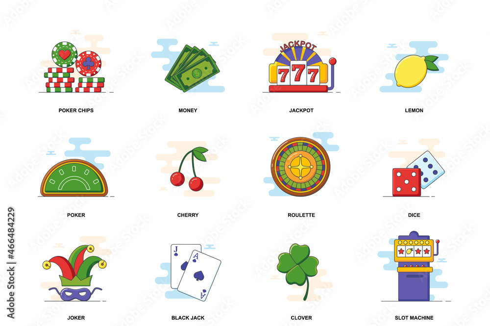 Poster casino web concept stroke flat line icons isolated set. gambling game industry bundle. graphic linea