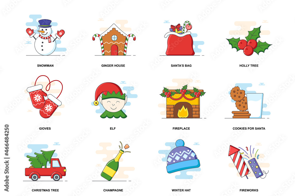 Poster christmas web concept stroke flat line icons isolated set. holiday winter items bundle. graphic line