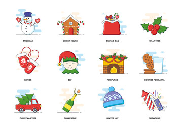 Christmas web concept stroke flat line icons isolated set. Holiday winter items bundle. Graphic linear symbols collection for website design. Vector conceptual pack outline pictograms for mobile app