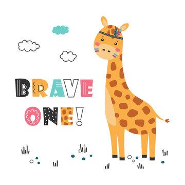 card with cute giraffe in scandinavian style