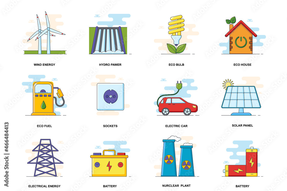 Poster eco energy web concept stroke flat line icons isolated set. green energy items bundle. graphic linea