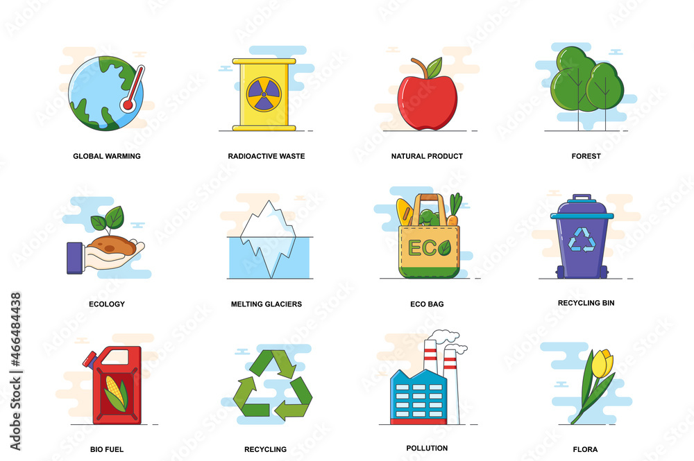 Poster ecology web concept stroke flat line icons isolated set. climate, waste recycling bundle. graphic li