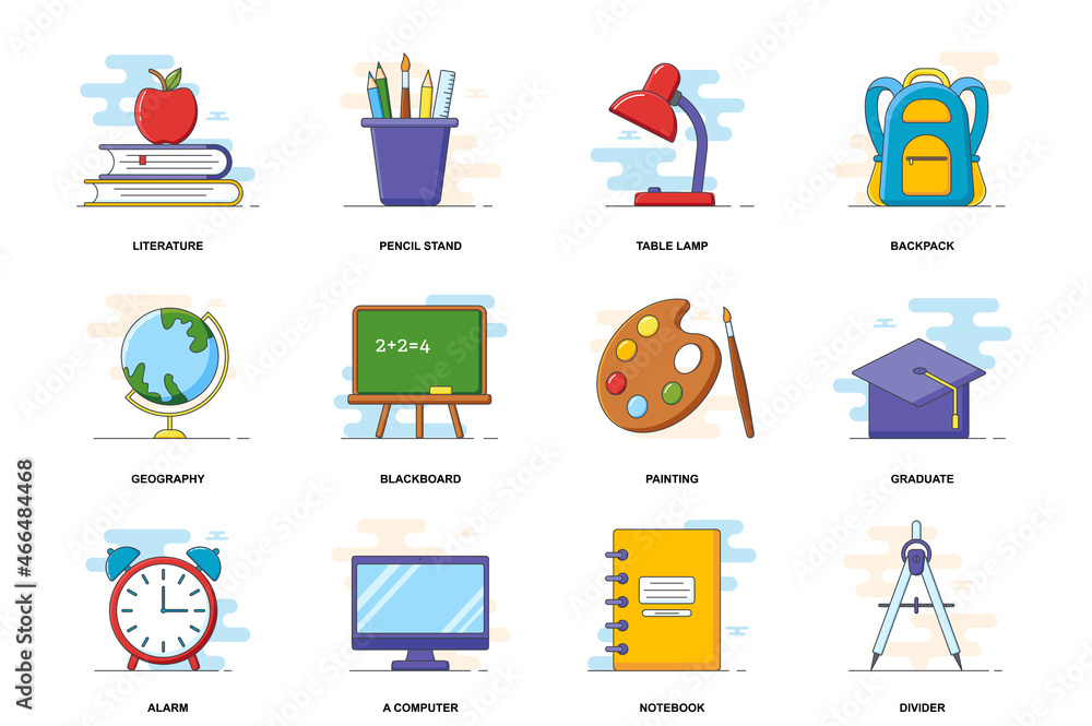 Poster education web concept stroke flat line icons isolated set. study at lessons items bundle. graphic li