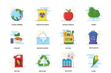 Ecology web concept stroke flat line icons isolated set. Climate, waste recycling bundle. Graphic linear symbols collection for website design. Vector conceptual pack outline pictograms for mobile app